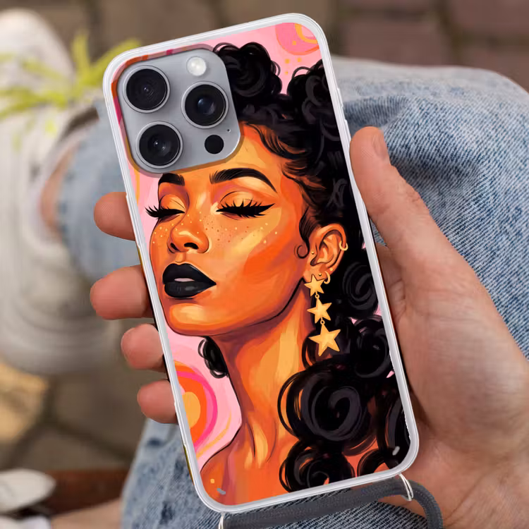 Vrouw - Portret - Abstract - Kleurrijk - Roze Hoesje iPhone 16 Pro Max met koord klein -sfeer3