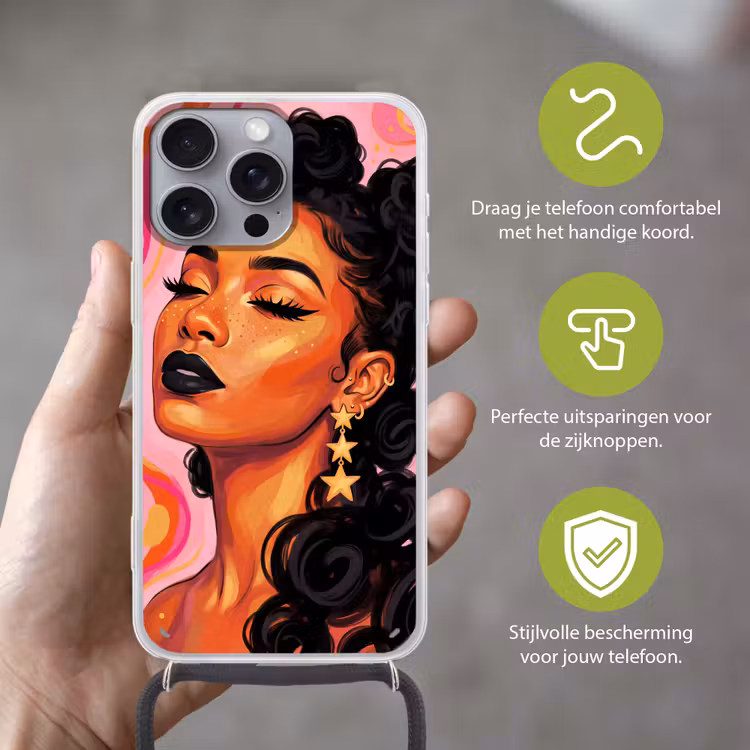 Vrouw - Portret - Abstract - Kleurrijk - Roze Hoesje iPhone 16 Pro Max met koord klein -sfeer2_NL