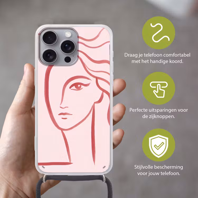 Vrouw - Portret - Abstract - Lijnkunst - Rood Hoesje iPhone 16 Pro Max met koord klein -sfeer2_NL
