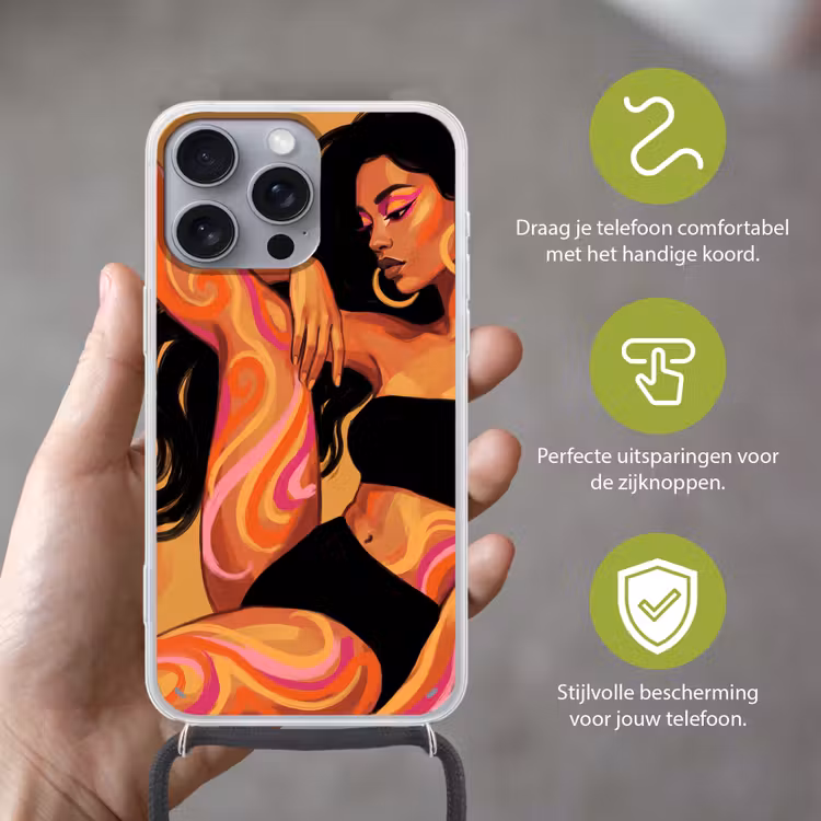 Vrouw - Portret - Abstract - Modern - Kleurrijk Hoesje iPhone 16 Pro Max met koord klein -sfeer2_NL