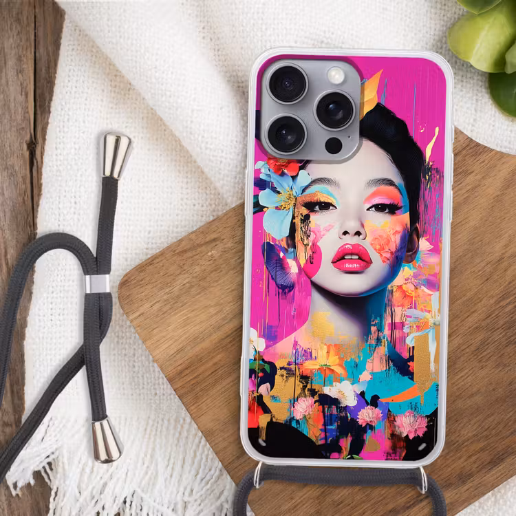 Vrouw - Portret - Abstract - Paars Hoesje iPhone 16 Pro Max met koord klein -sfeer4