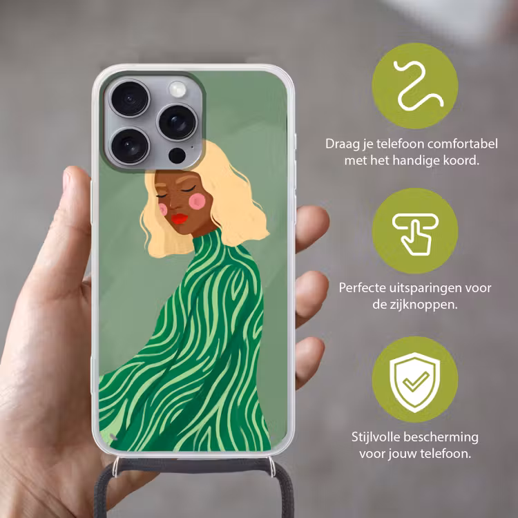 Vrouw - Portret - Illustratie - Modern - Groen Hoesje iPhone 16 Pro Max met koord klein -sfeer2_NL