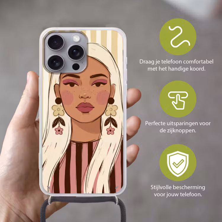 Vrouw - Portret - Illustratie - Modern - Roze Hoesje iPhone 16 Pro Max met koord klein -sfeer2_NL
