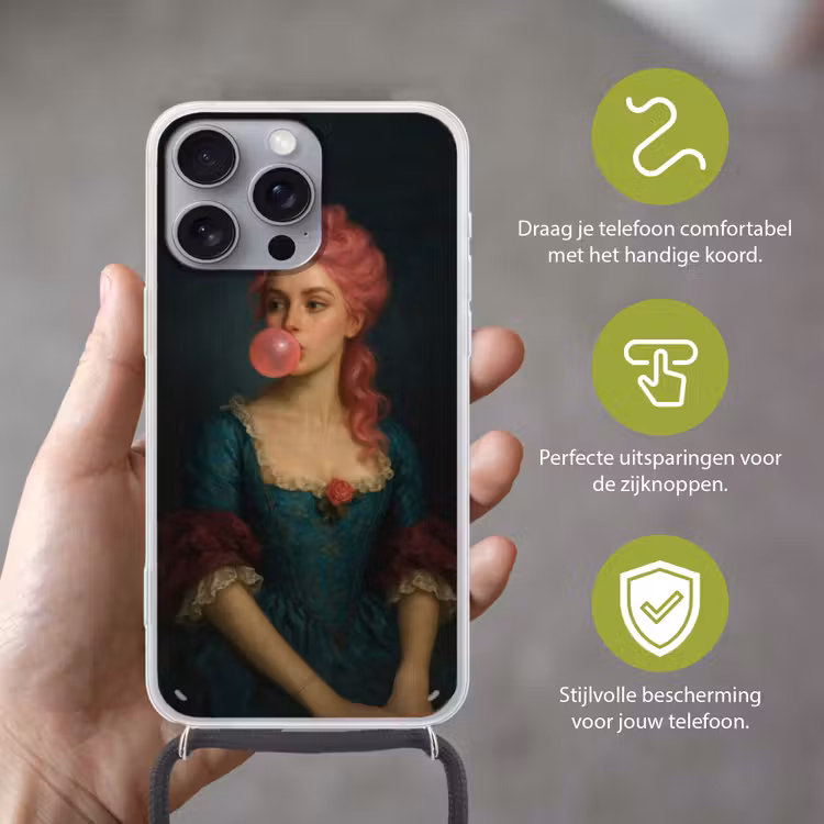 Vrouw - Portret - Kauwgombel Hoesje iPhone 16 Pro Max met koord klein -sfeer2_NL