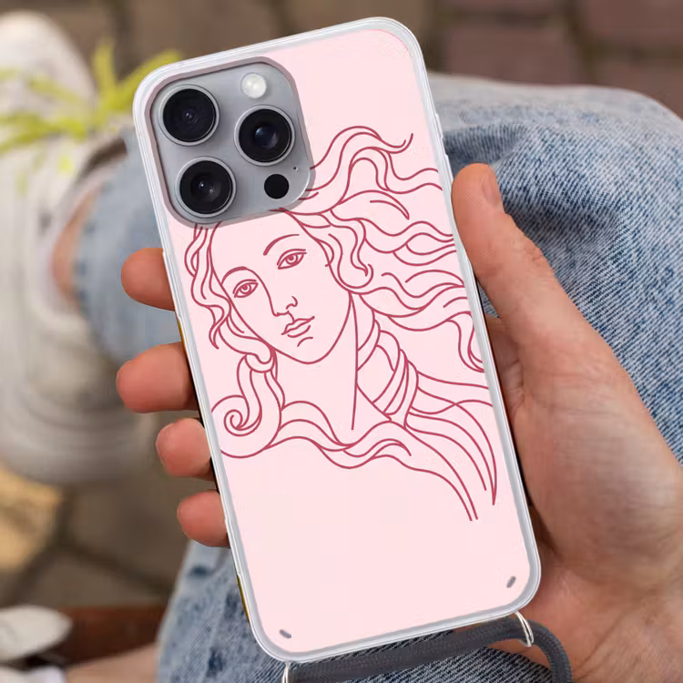 Vrouw - Portret - Klassiek - Line-art - Roze Hoesje iPhone 16 Pro Max met koord klein -sfeer3