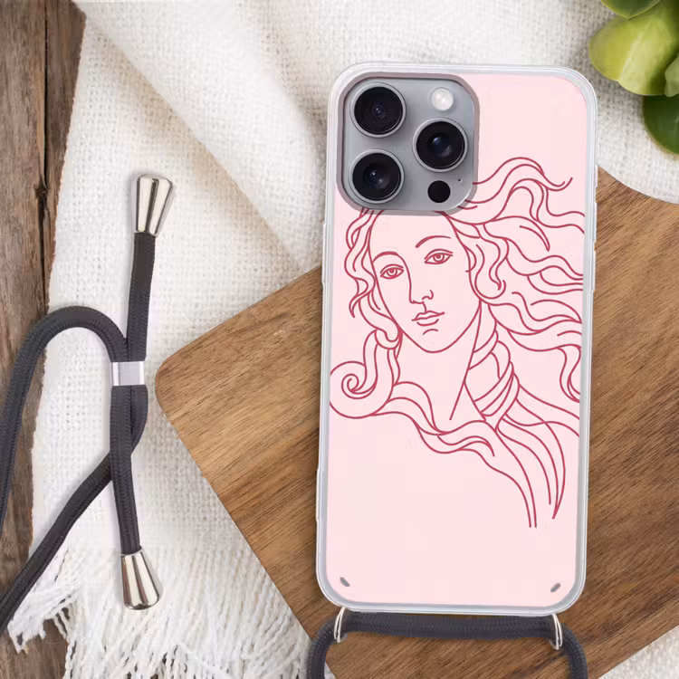 Vrouw - Portret - Klassiek - Line-art - Roze Hoesje iPhone 16 Pro Max met koord klein -sfeer4