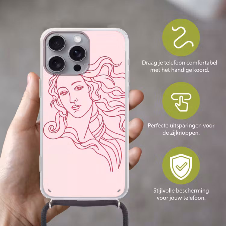 Vrouw - Portret - Klassiek - Line-art - Roze Hoesje iPhone 16 Pro Max met koord klein -sfeer2_NL