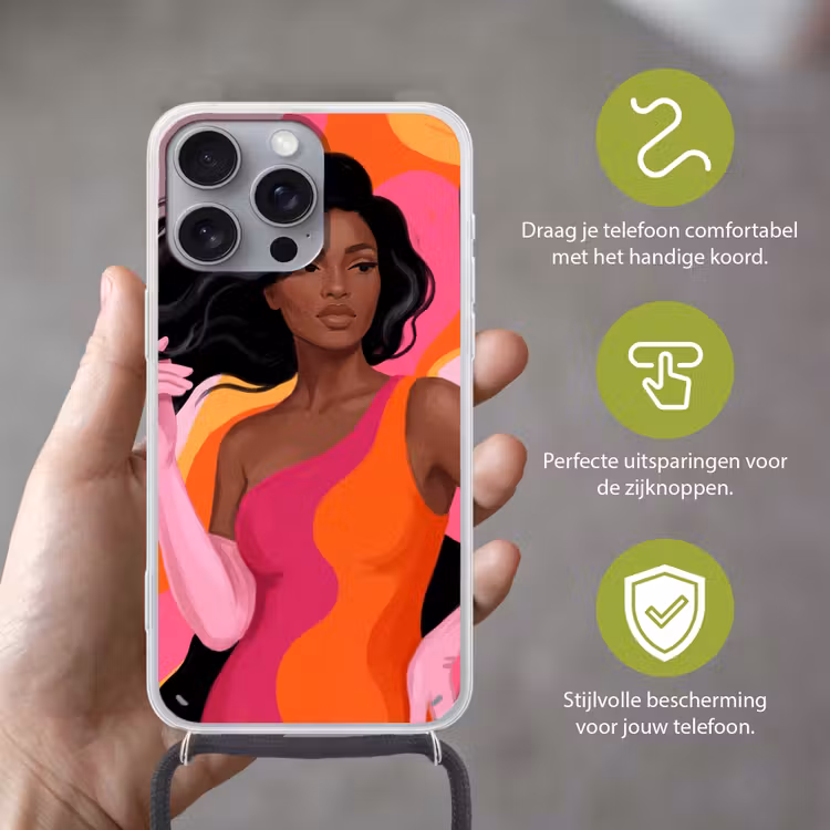 Vrouw - Portret - Kleurrijk - Modern - Kunst Hoesje iPhone 16 Pro Max met koord klein -sfeer2_NL