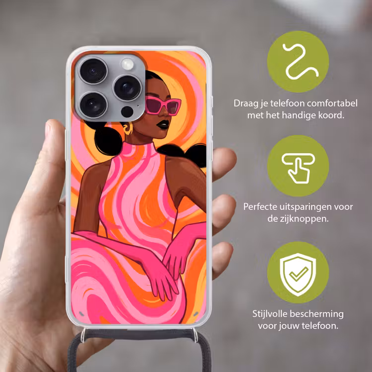 Vrouw - Portret - Kunst - Abstract - Roze Hoesje iPhone 16 Pro Max met koord klein -sfeer2_NL