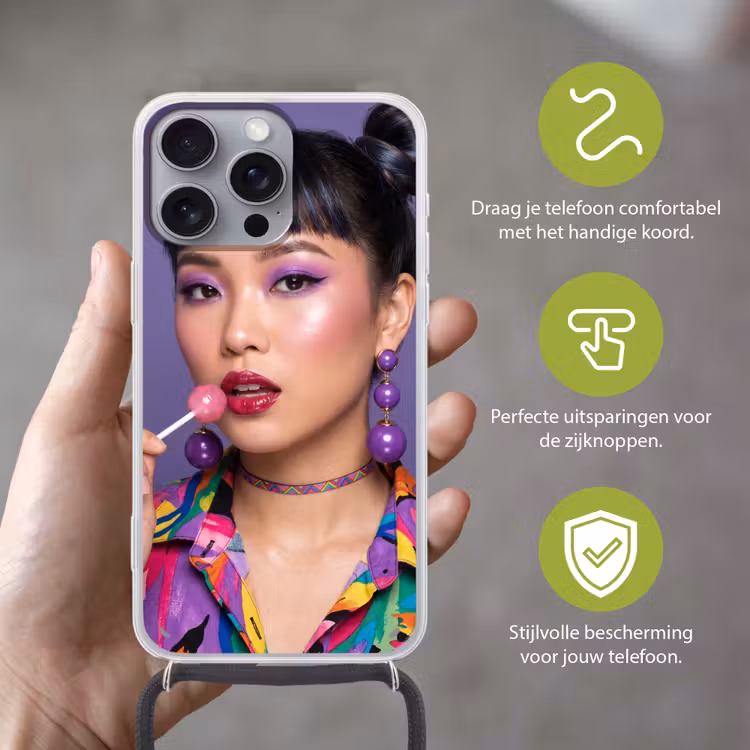 Vrouw - Portret - Make-up - Paars - Levendig Hoesje iPhone 16 Pro Max met koord klein -sfeer2_NL