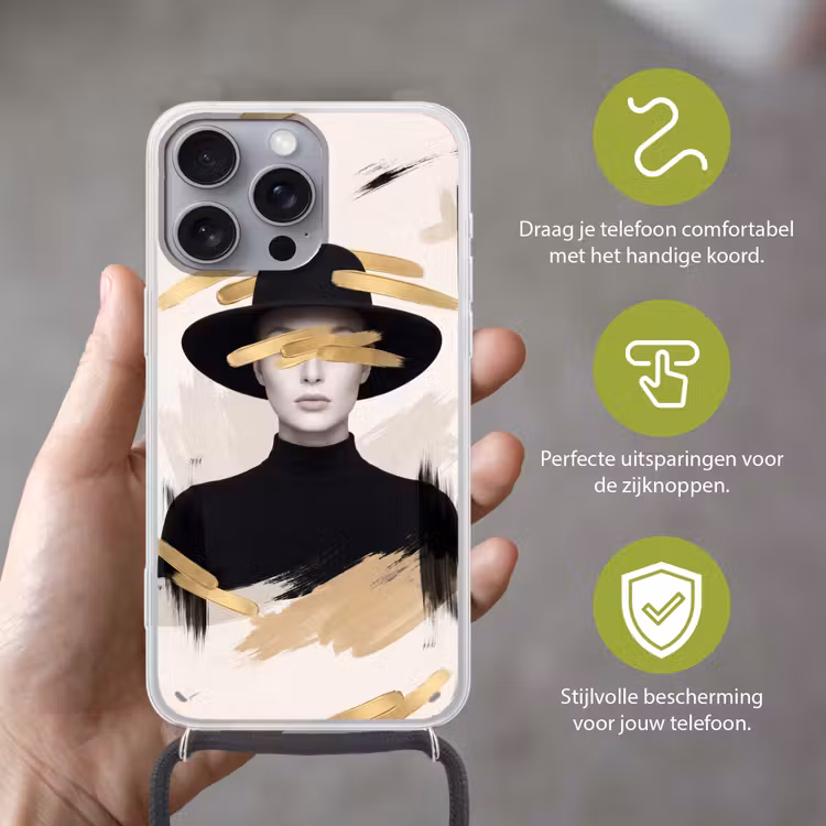 Vrouw - Portret - Modern - Goud - Kunst Hoesje iPhone 16 Pro Max met koord klein -sfeer2_NL
