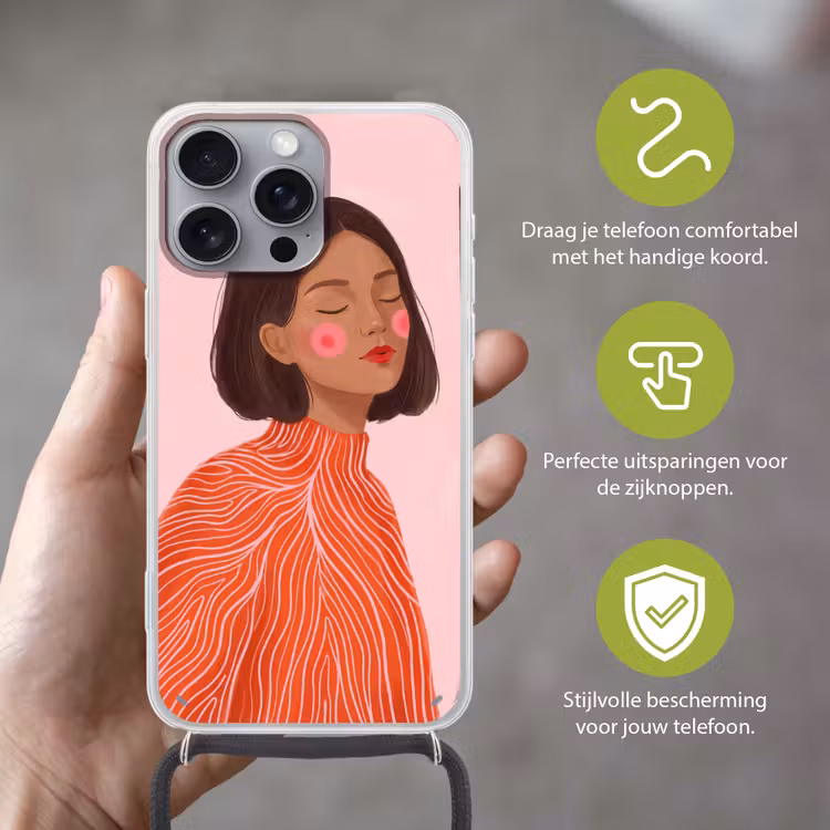 Vrouw - Portret - Modern - Kunst - Roze Hoesje iPhone 16 Pro Max met koord klein -sfeer2_NL
