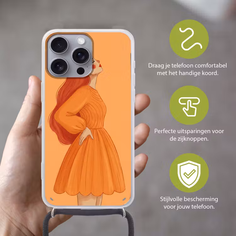Vrouw - Profiel - Mensen - Modern - Oranje Hoesje iPhone 16 Pro Max met koord klein -sfeer2_NL