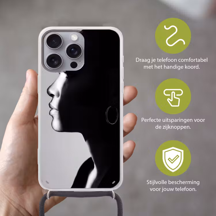 Vrouw - Profiel - Mensen - Zwart-wit Hoesje iPhone 16 Pro Max met koord klein -sfeer2_NL