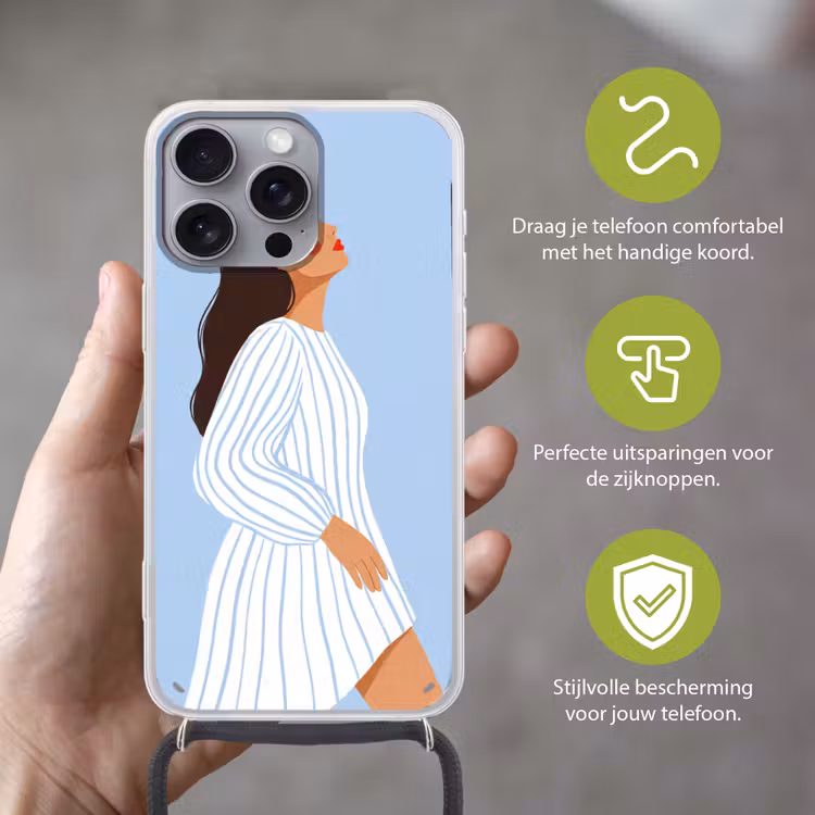 Vrouw - Profiel - Rust - Modern - Illustratie Hoesje iPhone 16 Pro Max met koord klein -sfeer2_NL
