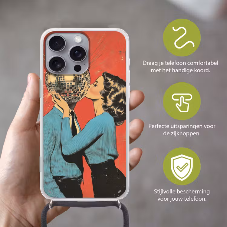 Vrouw - Retro - Discobal - Kus Hoesje iPhone 16 Pro Max met koord klein -sfeer2_NL