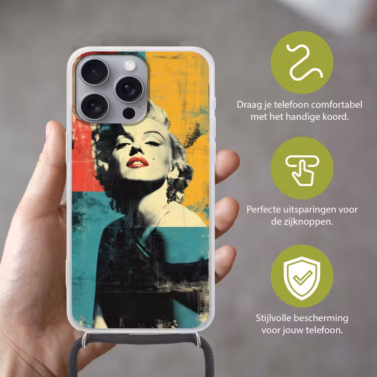 Vrouw - Rode lippen - Abstracte kleurvlakken - Popartuistraling Hoesje iPhone 16 Pro Max met koord klein -sfeer2_NL