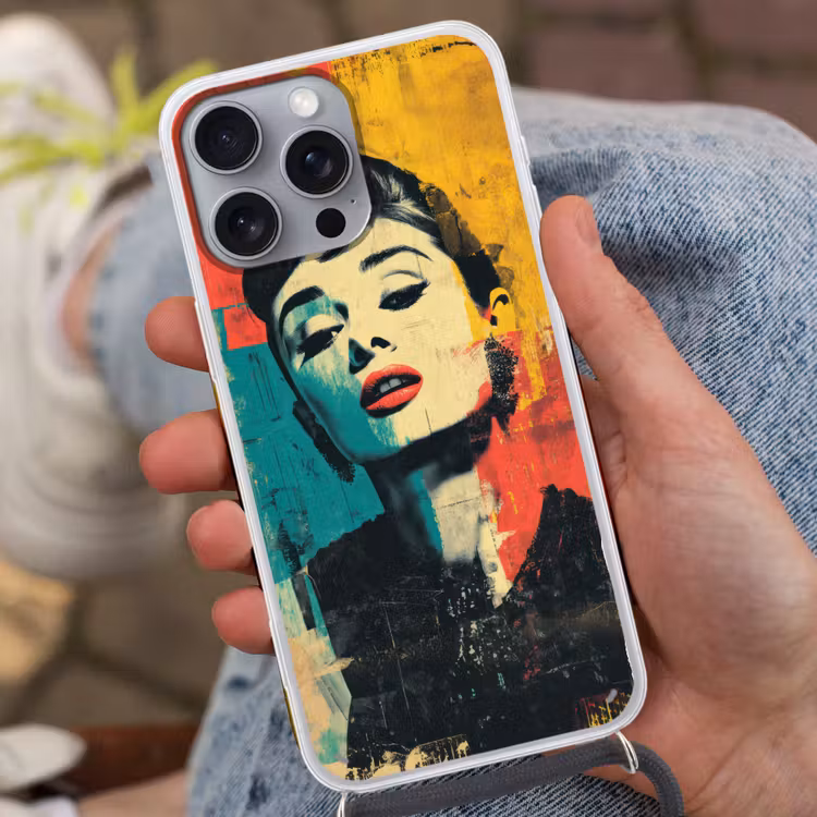 Vrouw - Rode lippen - Expressief - Grafisch Hoesje iPhone 16 Pro Max met koord klein -sfeer3