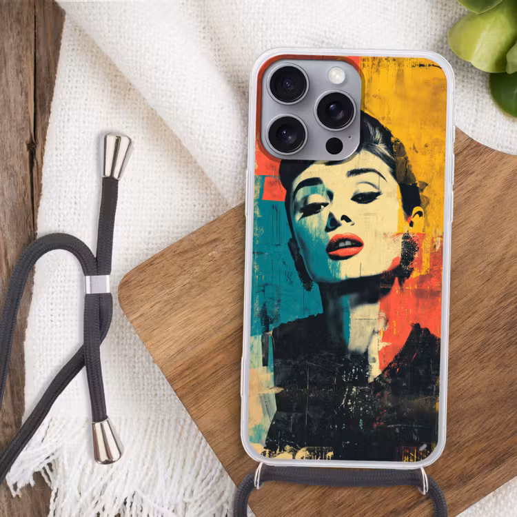 Vrouw - Rode lippen - Expressief - Grafisch Hoesje iPhone 16 Pro Max met koord klein -sfeer4