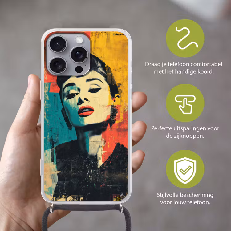Vrouw - Rode lippen - Expressief - Grafisch Hoesje iPhone 16 Pro Max met koord klein -sfeer2_NL