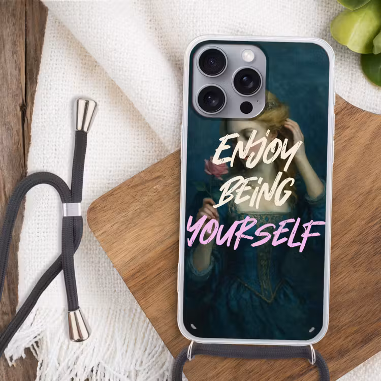 Vrouw - Roos - Quote Hoesje iPhone 16 Pro Max met koord klein -sfeer4
