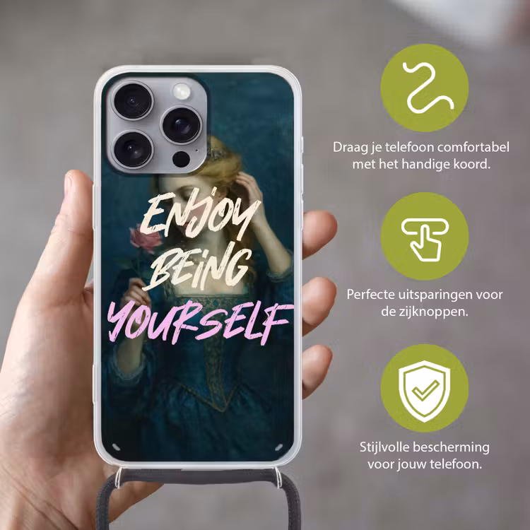 Vrouw - Roos - Quote Hoesje iPhone 16 Pro Max met koord klein -sfeer2_NL