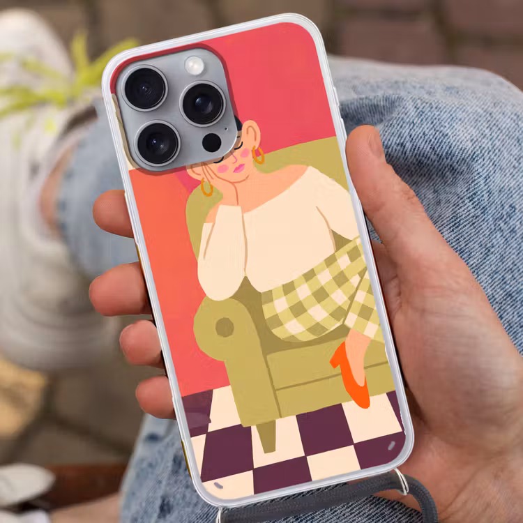 Vrouw - Rust - Interieur - Modern - Kunst Hoesje iPhone 16 Pro Max met koord klein -sfeer3
