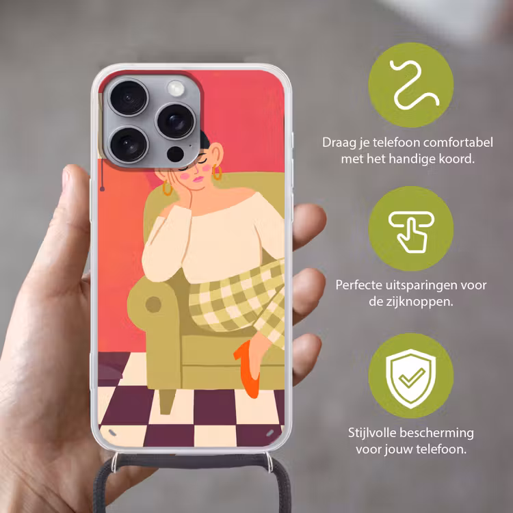 Vrouw - Rust - Interieur - Modern - Kunst Hoesje iPhone 16 Pro Max met koord klein -sfeer2_NL