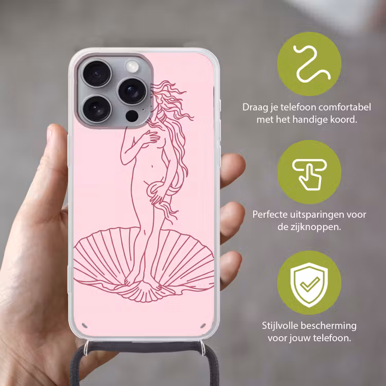 Vrouw - Schelp - Kunst - Lijntekening - Roze Hoesje iPhone 16 Pro Max met koord klein -sfeer2_NL
