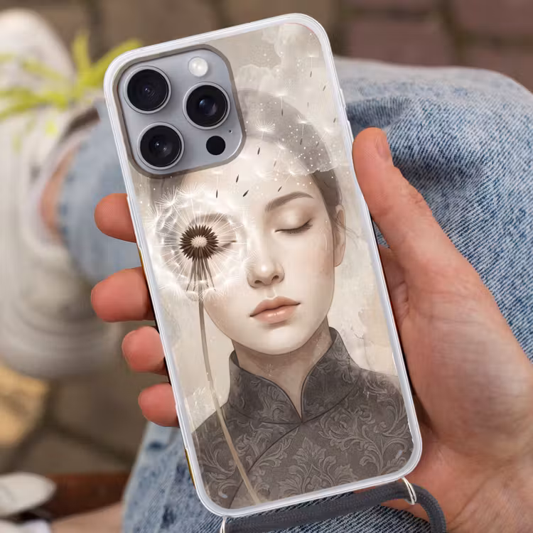 Vrouw - Sereen - Grijs Hoesje iPhone 16 Pro Max met koord klein -sfeer3