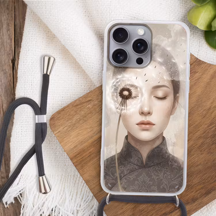 Vrouw - Sereen - Grijs Hoesje iPhone 16 Pro Max met koord klein -sfeer4