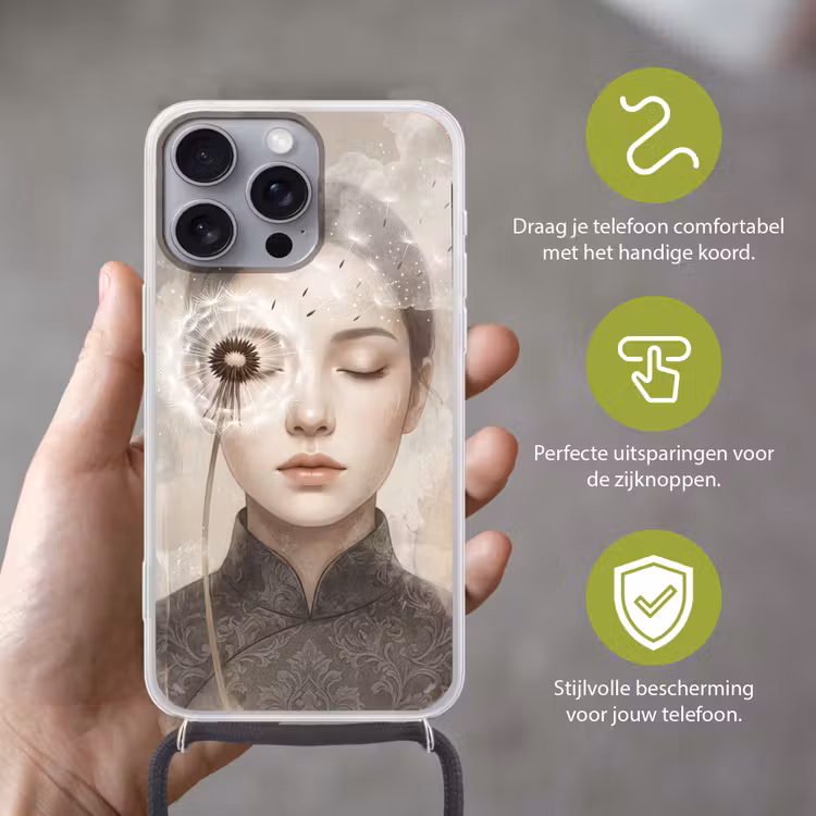 Vrouw - Sereen - Grijs Hoesje iPhone 16 Pro Max met koord klein -sfeer2_NL