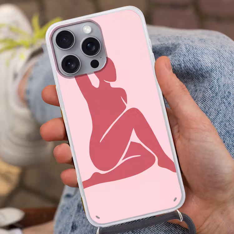 Vrouw - Silhouet - Abstract - Modern - Roze Hoesje iPhone 16 Pro Max met koord klein -sfeer3