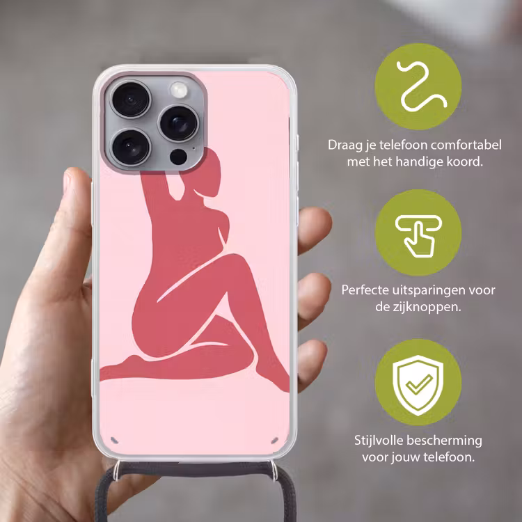 Vrouw - Silhouet - Abstract - Modern - Roze Hoesje iPhone 16 Pro Max met koord klein -sfeer2_NL