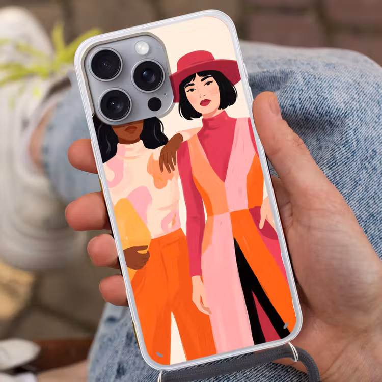 Vrouw - Twee - Mode - Abstract - Kleurrijk Hoesje iPhone 16 Pro Max met koord klein -sfeer3