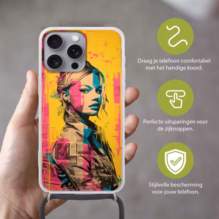 Vrouw - Verfstrepen - Gekleurd Hoesje iPhone 16 Pro Max met koord klein -sfeer2_NL