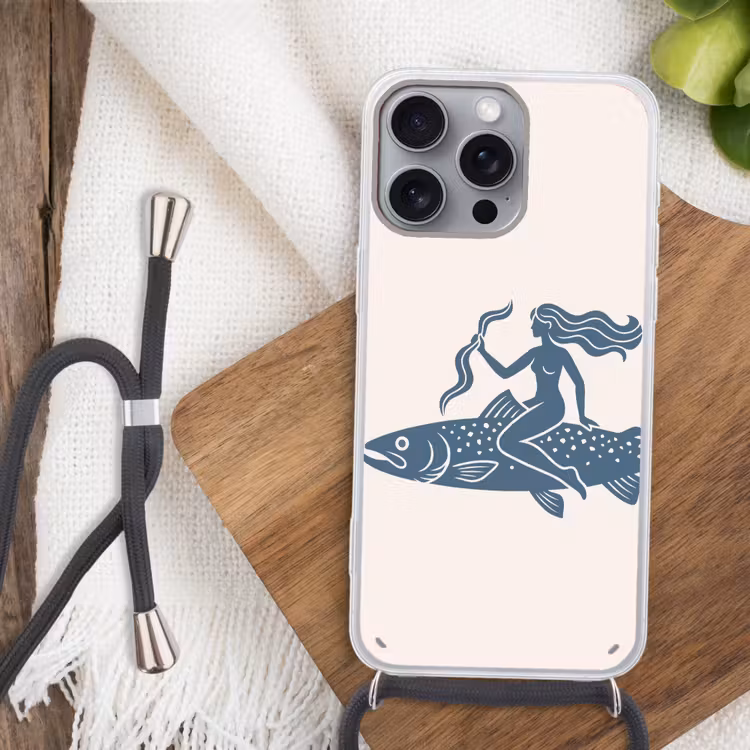 Vrouw - Vis - Fantasie - Abstract - Blauw Hoesje iPhone 16 Pro Max met koord klein -sfeer4