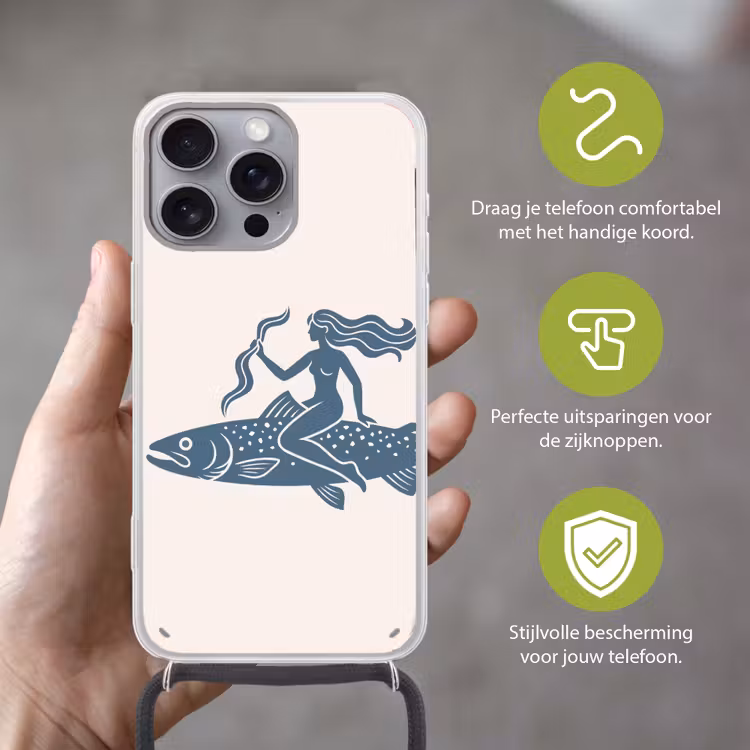 Vrouw - Vis - Fantasie - Abstract - Blauw Hoesje iPhone 16 Pro Max met koord klein -sfeer2_NL