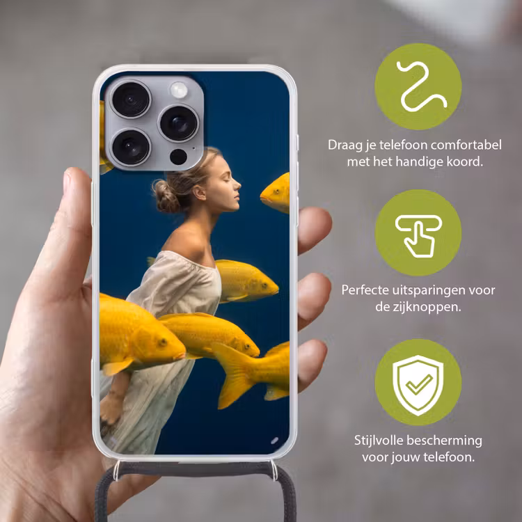 Vrouw - Vis - Water - Natuur - Geel Hoesje iPhone 16 Pro Max met koord klein -sfeer2_NL