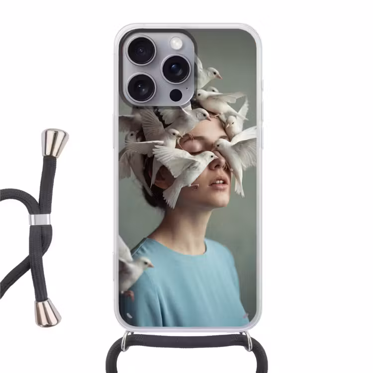 Vrouw - Vogels - Abstract - Modern - Wit Hoesje iPhone 16 Pro Max met koord klein -3d