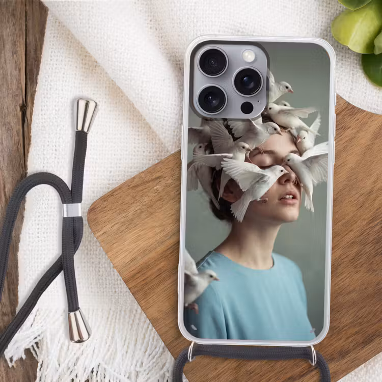 Vrouw - Vogels - Abstract - Modern - Wit Hoesje iPhone 16 Pro Max met koord klein -sfeer4
