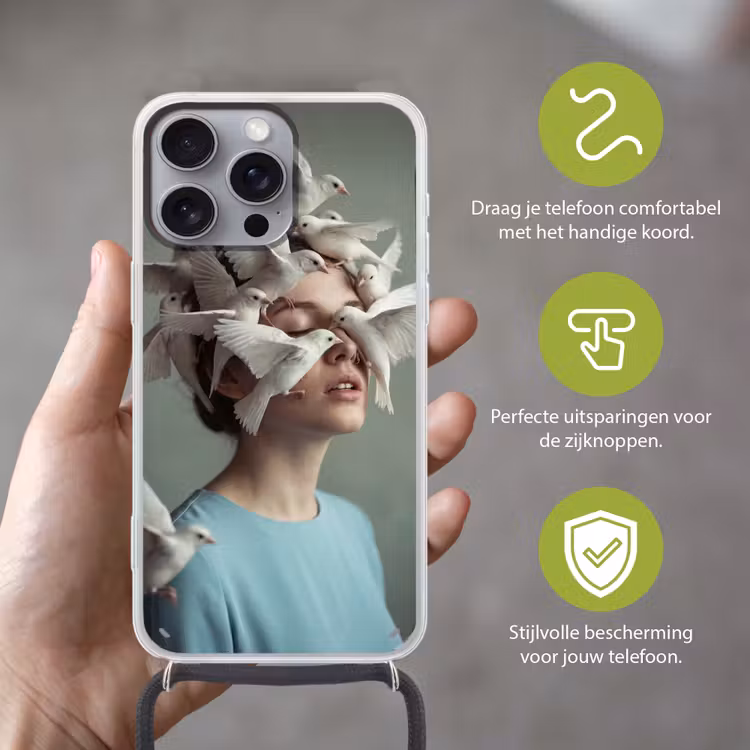 Vrouw - Vogels - Abstract - Modern - Wit Hoesje iPhone 16 Pro Max met koord klein -sfeer2_NL