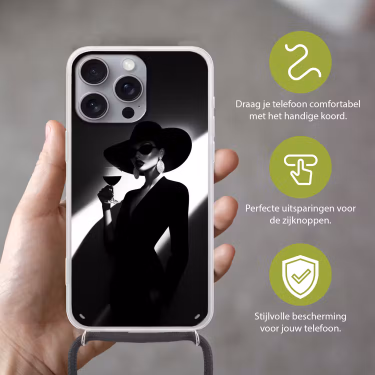 Vrouw - Wijn - Chic Hoesje iPhone 16 Pro Max met koord klein -sfeer2_NL