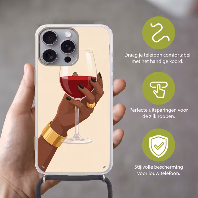 Vrouw - Wijn - Glas - Illustratie - Rood Hoesje iPhone 16 Pro Max met koord klein -sfeer2_NL