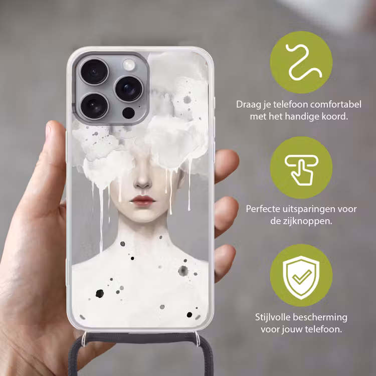 Vrouw - Wolk - Grijs Hoesje iPhone 16 Pro Max met koord klein -sfeer2_NL
