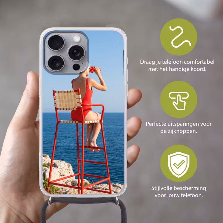 Vrouw - Zee - Kust - Verrekijker - Rood Hoesje iPhone 16 Pro Max met koord klein -sfeer2_NL