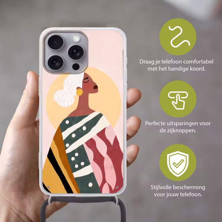 Vrouw - Zon - Kleurrijk Hoesje iPhone 16 Pro Max met koord klein -sfeer2_NL