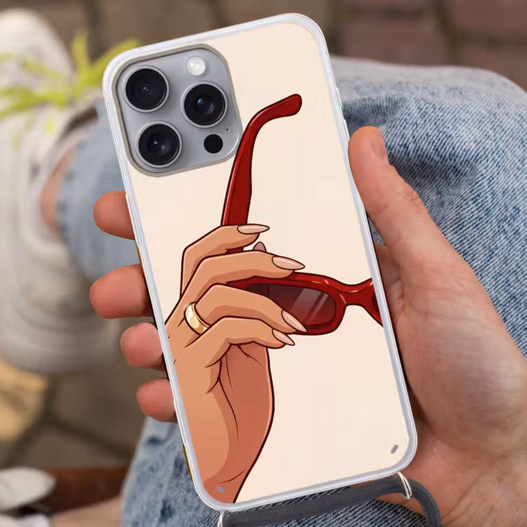 Vrouw - Zonnebril - Mode - Rood - Illustratie Hoesje iPhone 16 Pro Max met koord klein -sfeer3