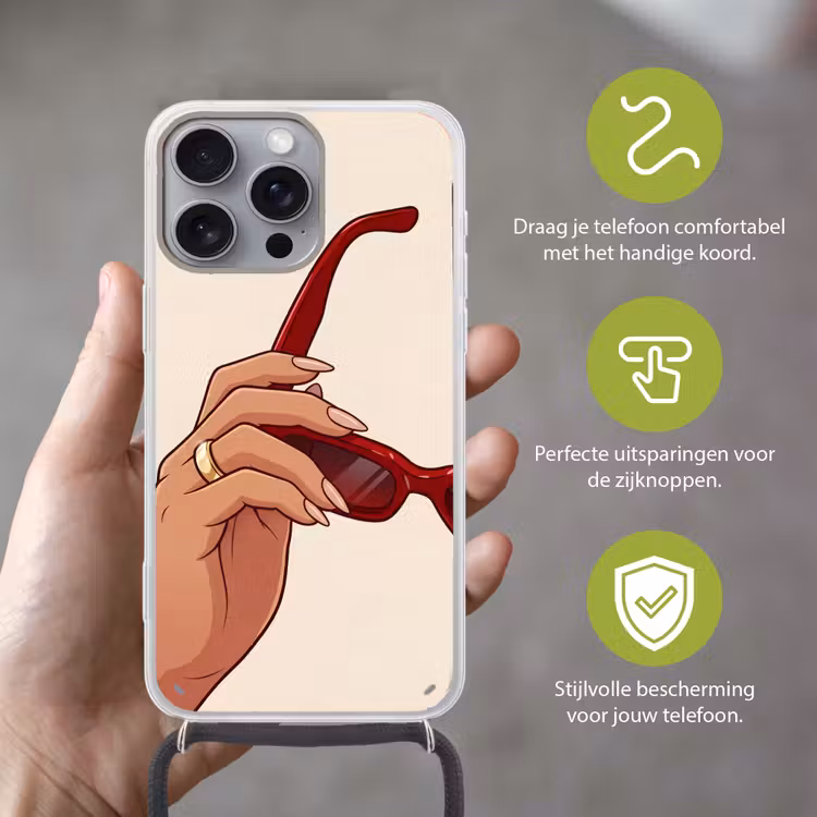 Vrouw - Zonnebril - Mode - Rood - Illustratie Hoesje iPhone 16 Pro Max met koord klein -sfeer2_NL