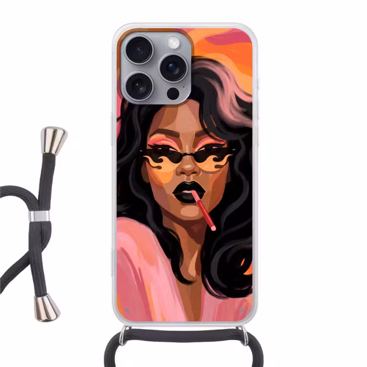 Vrouw - Zonnebril - Modern - Portret - Oranje Hoesje iPhone 16 Pro Max met koord klein -3d
